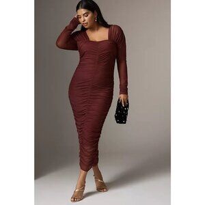 170$ By Anthropologie Ruched Slim Midi Dress Long Sleeves Size 1X Maroon Red